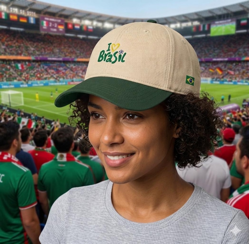 K&ouml;nnte beinhalten: Beige Baseballkappe mit gr&uuml;nem Schirm, mit dem Text "I ❤️ Brasil" und einer brasilianischen Flagge. Die Kappe wird von einer Person in einem Stadion getragen.