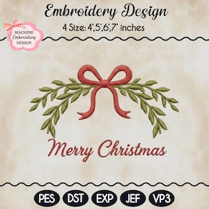 Pode incluir: Um desenho de bordado com um laço vermelho e folhas verdes, com o texto "Merry Christmas". O desenho está disponível em quatro tamanhos: 10.16, 12.7, 15.24 e 17.78 cm. O desenho é para bordado à máquina.