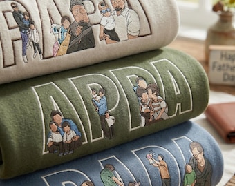 Personalized Dada Hoodie with Photo Letters, Custom Sleeve Name Heart Embroidery, Faceless Portrait Sweatshirt, Father's Day Gift