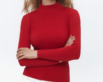 Ribbed Mock-Neck Sweater for Women | Fitted Long Sleeve Basic Top | Cotton Blend Knit | Minimalist Wardrobe Essential | turtleneck for women