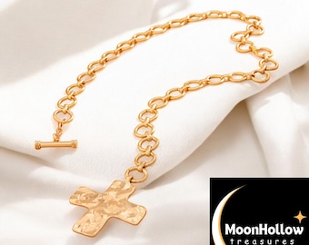 Hammered Bold Cross Necklace Thick Chain Set, Handmade Toggle Hammered TextureCross Necklace, Chunky Cross Statement Pendant Toggle Necklace