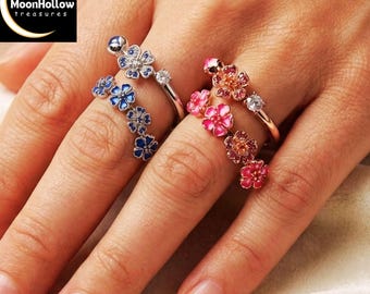 Anello regolabile con fiori di ciliegio, anello avvolgente floreale in oro rosa e blu, anello con fiore in smalto rosa e blu, anello botanico, regalo di gioielli per lei
