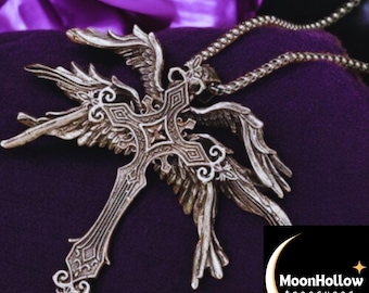 Collana con ciondolo a croce con ali d'angelo, amuleto punk Y2K con serafino gotico retrò per uomo e donna, ciondolo portafortuna da viaggio, fantasia sacra a sei ali