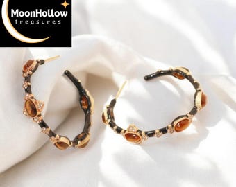 Tiger Eye Hoop Earrings, Rhinestone Gold-Tone Alloy Black, Sterling Silver Post, Hypoallergenic Unique Jewelry for Women