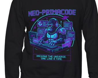 Neo-Primacode Hacker Ape Crewneck Sweatshirt- Cyberpunk Coding Graphic | Programmer Gift Techwear
