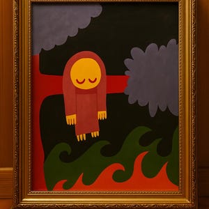 May include: A framed art print featuring a stylized illustration. The artwork depicts a figure with a yellow face and red robe, hanging from a red tree against a black background. Green waves and red flames are at the bottom.