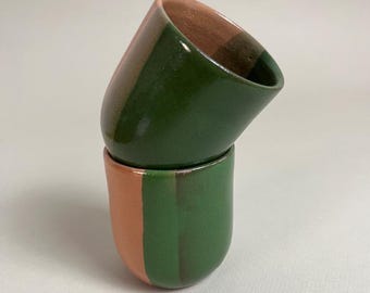 Pottery Coffee Cups Set of 2 – Glazed Green & Natural Clay