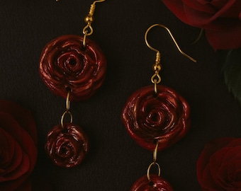 Handmade Clay Rose Drop Earrings – Floral Polymer Clay Jewelry