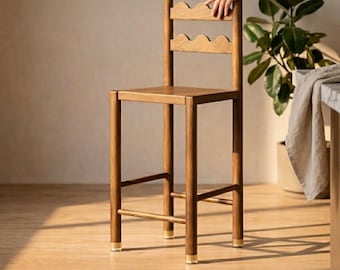 Solid Wood Bar Stool – Scalloped Back, Dovetail Joints, Farmhouse Decor