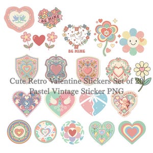 以下が含まれることがあります： レトロなデザインの、パステルカラーのバレンタインデー用ステッカー20枚のコレクション。ステッカーには、ハート、花、その他の装飾要素が描かれています。一部のステッカーには「BE MINE」と「VALENTINE」の文字が含まれています。