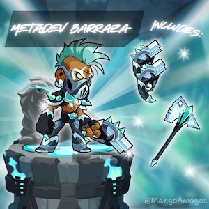 Op de afbeelding: Digitale illustratie van Metadev Barraza, een personage met een hanenkam en masker, die een wapen vasthoudt. Inclusief twee extra wapens. Het personage staat op een stenen platform met blauwe gloeiende accenten, tegen een blauwgroene achtergrond.