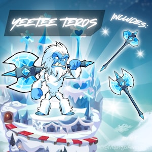 Puede incluir: Ilustración de un personaje de dibujos animados, un yeti con un hacha de hielo, sobre un fondo de castillo nevado. La imagen incluye el texto "YEETEE TEROS" y dos armas de hielo. El yeti es blanco con detalles azules.
