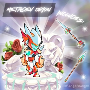 May include: A digital illustration featuring a character named Metadev Orion, with a futuristic design in orange, white, and blue. The image includes two weapons and the text "Includes:" and "Metadev Orion". The background has a lion statue and roses.