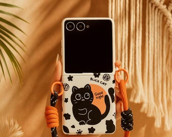 Black Cat Phone Case for Galaxy Z Flip: Hinge Cover & Wrist Lanyard