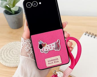 Cartoon Dachshund Leather Samsung Z Flip Case with Plush Lanyard
