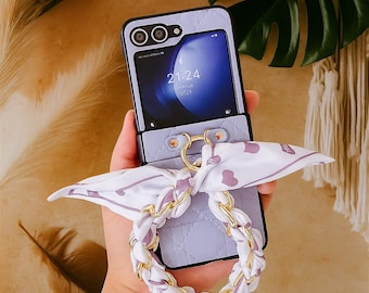 Luxury Leather Phone Case for Samsung Galaxy Z Flip  with Silk Wrist Strap
