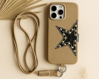 Genuine Leather Phone Case for iPhone with Star Crossbody Strap