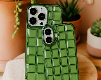 Green Woven Plaid Phone Case for iPhone – Soft Stereoscopic Cube Cover