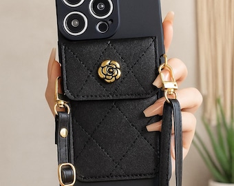 Flower Leather Wallet Phone Case with Crossbody Lanyard - Card Holder for Samsung