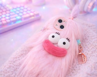 3D Fluffy Monster Plush iPhone Case, Kawaii Fur Winter Cover, Soft Furry Phone Case for iPhone 15 Pro Max, 14 Plus, 13, 12, 11