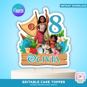 Puede incluir: Un adorno para pastel colorido con personajes de una popular película animada. El diseño incluye un gran número 8, el nombre "Olivia" e imágenes de personajes, flores y olas del océano. Las palabras "Descarga instantánea" son visibles.