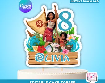 Adorno para tarta de Moana 2 Ocean editable, decoración imprimible para tarta de cumpleaños de Moana: plantilla digital de Canva