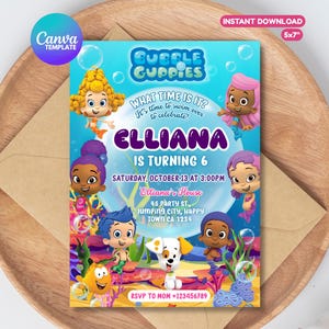 May include: A colorful invitation card featuring characters from Bubble Guppies. The card is for Elliana's 6th birthday, with details including the date, time, and location. The design includes the text "What time is it? It's time to swim over to celebrate!"