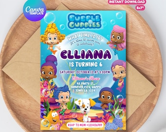 Invitaciones de cumpleaños de Bubble Guppies editables e imprimibles: plantilla digital de Canva.