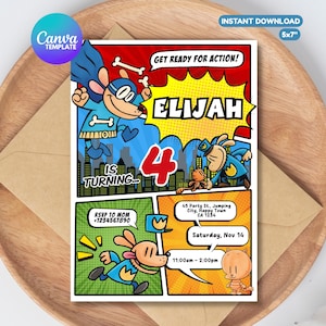 May include: A comic book-style birthday invitation with a superhero dog theme. The invitation features the name "Elijah" and the number "4". It includes event details and the text "Get Ready For Action!" and "Instant Download 5x7".