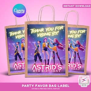 May include: Three brown paper party favor bags with handles. Each bag features a colorful graphic of animated figures and the text "THANK YOU FOR VIBING BY!" and "ASTRID'S 8TH BIRTHDAY". The bags are labeled "PARTY FAVOR BAG LABEL".