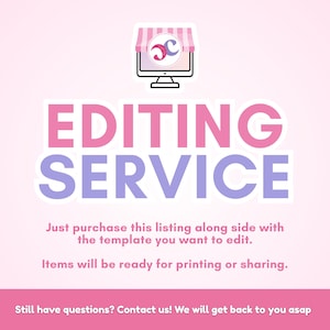 Puede incluir: Imagen con fondo rosa claro y texto "EDITING SERVICE" en rosa y morado. En la parte superior, un icono de pantalla de ordenador con un toldo de tienda. El texto de abajo dice: "Compra este anuncio junto con la plantilla que quieres editar."