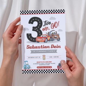 May include: A birthday party invitation featuring the number 3 as a road, with cartoon cars and the text "Two, one, Go!". The invitation includes the name "Sebastian Dein" and party details.