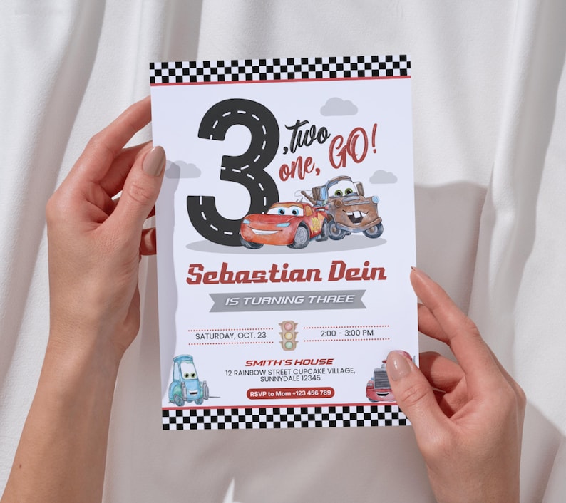 May include: A birthday party invitation featuring the number 3 as a road, with cartoon cars and the text "Two, one, Go!". The invitation includes the name "Sebastian Dein" and party details.