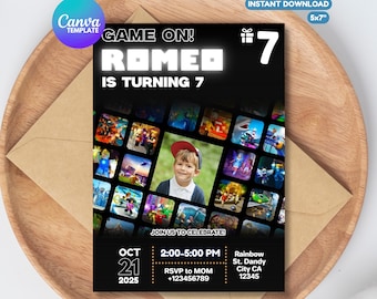 May include: Black invitation card with the text "GAME ON! ROMEO IS TURNING 7". The card includes a photo of a child and various game-themed images. The invitation is a 12.7 x 17.8 cm instant download.