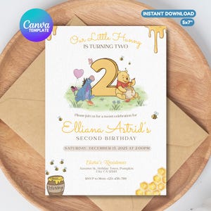 May include: A birthday invitation featuring Winnie the Pooh characters. The design includes the text "Our Little Hunny is Turning Two" and "Elliana Astrid's Second Birthday." The invitation is 5x7 inches and includes details for the party.