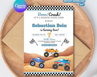 Editable Monster Truck Birthday Invitatio: Canva Editable Template