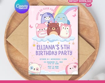Può includere: Un modello di invito di compleanno rosa con personaggi dei cartoni animati, un arcobaleno e il testo "ELLIANA'S 5TH BIRTHDAY PARTY." Include i dettagli dell'evento e le informazioni RSVP. Il modello è 12,7 x 17,8 cm.