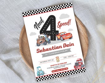 Editable Need 4 Speed Cars Racing Invitation, Cars Theme Party Digital Invite Template, Lightning Mcqueen Invitation, Fourth Birthday Racing