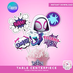 May include: A pink table centerpiece featuring a Spider-Gwen character and comic book-style speech bubbles with the words "BAM!" and "OMG!". The centerpiece includes a pink bucket and the text "ELLIANA IS 5".