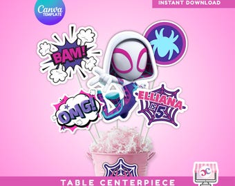 Editable Spidey Ghost Gwen Table Centerpience, Printable Spidey and his Amazing friends Table Topper Decoration: Canva Digital template