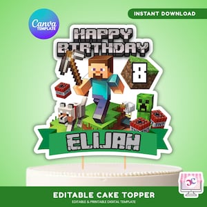 Może przedstawiać: Topper na ciasto w stylu Minecraft z napisem "Happy Birthday Elijah" i postacią z Minecrafta trzymającą kilof. Zawiera zielonego Creepera, bloki TNT i wilka. Na białym torcie.