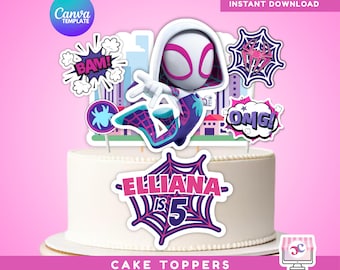 Editable Spidey Ghost Gwen  Birthday Cake Topper, Spidey and his Amazing Friends Cake Topper, Spider Gwen Printable Topper: Canva Template