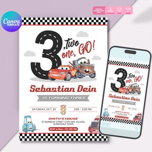 May include: A birthday invitation featuring a race car theme. The design includes the number 3, race cars, and the text "two, one, GO!". The invitation also includes the name "Sebastian Dein" and party details.