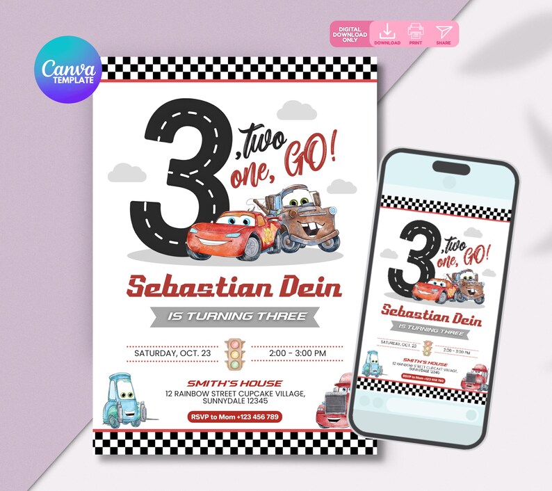 May include: A birthday invitation featuring a race car theme. The design includes the number 3, race cars, and the text "two, one, GO!". The invitation also includes the name "Sebastian Dein" and party details.