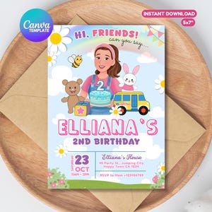 Op de afbeelding: Een Canva-sjabloon verjaardagsuitnodiging met een cartoon illustratie. De uitnodiging toont een meisje met een taart, een teddybeer, een konijn en een schoolbus. Tekst bevat "Elliana's 2e verjaardag" en evenementdetails.