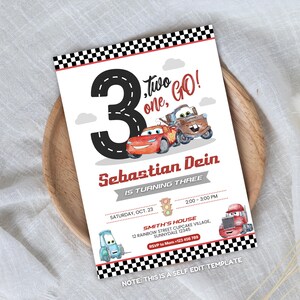 May include: A birthday party invitation featuring the number 3 in a road design, with the text "Two one, GO!". The invitation includes illustrations of animated cars, the name "Sebastian Dein", and event details. The invitation is bordered with a black and white checkered pattern.