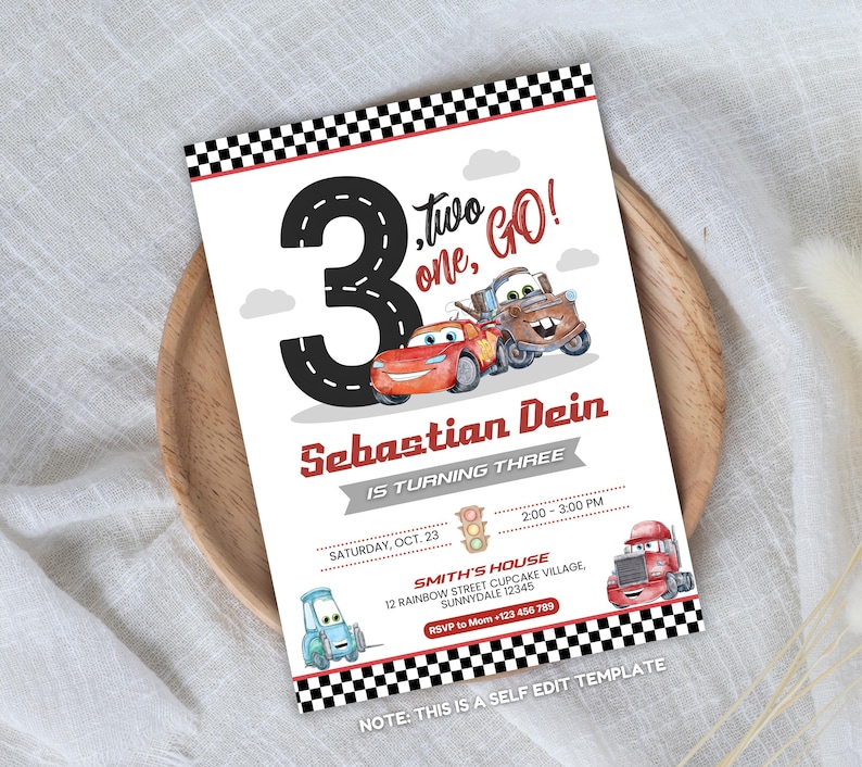 May include: A birthday party invitation featuring the number 3 in a road design, with the text "Two one, GO!". The invitation includes illustrations of animated cars, the name "Sebastian Dein", and event details. The invitation is bordered with a black and white checkered pattern.