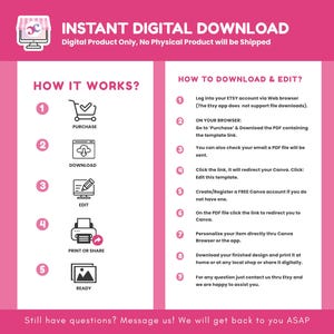 May include: A pink and white graphic with instructions for downloading and editing a digital product. The text includes "Instant Digital Download" and "How it Works?" with numbered steps and icons. The steps explain how to purchase, download, edit, print, and share.