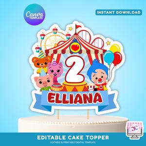 編集可能なサーカスプリムプリムケーキトッパー、カーニバルプリムプリム印刷可能なバースデーケーキトッパー：Canvaデジタルテンプレート