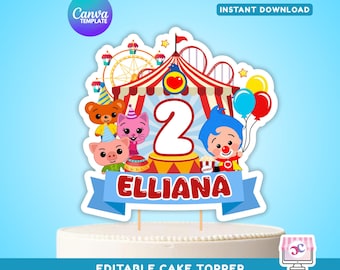 Editable Circus Plim Plim Cake Topper, Carnival Plim Plim Printable Birthday Cake Topper: Canva Digital Template